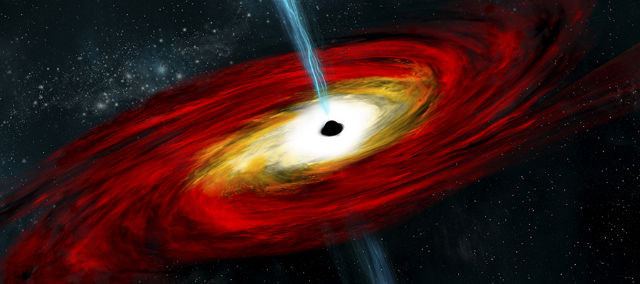 Interpretare artistică a unui burst de raze gamma emis de o gaură neagră din centrul unei galaxii. 